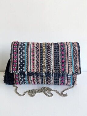 La Sera by Franchi Beaded Foldover Clutch Crossbody Boho Tassel Bag